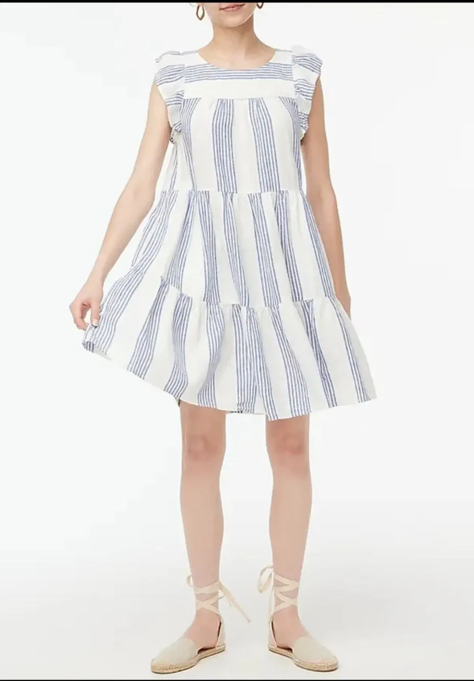J.Crew linen blue striped ruffled sleeve babydoll dress SZ 4 resort coastal boho